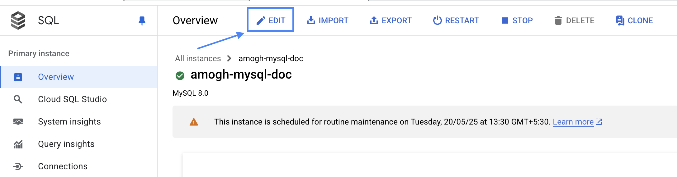 Кнопка Edit в GCP MySQL