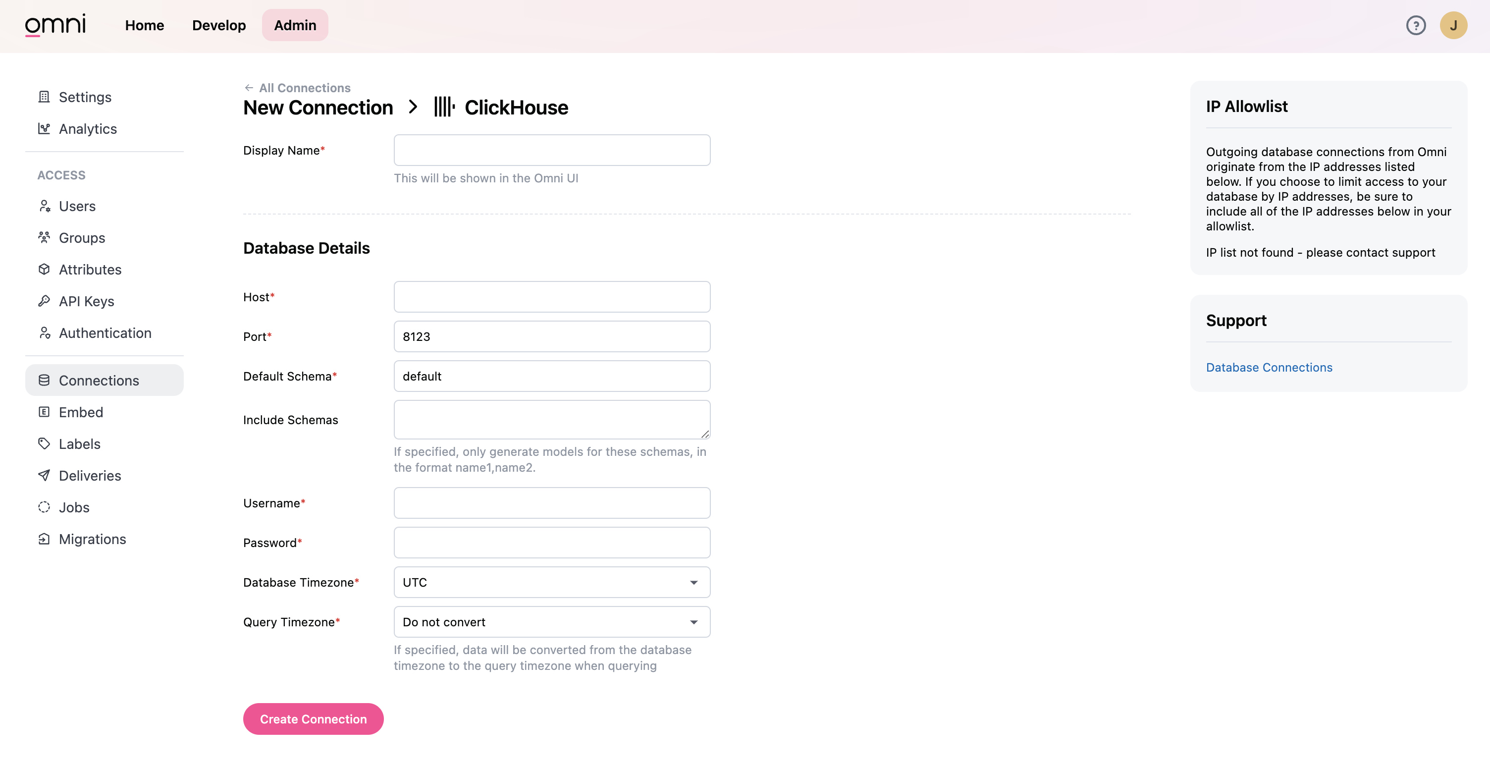 Интерфейс настройки подключения Omni для ClickHouse с полями формы для учетных данных