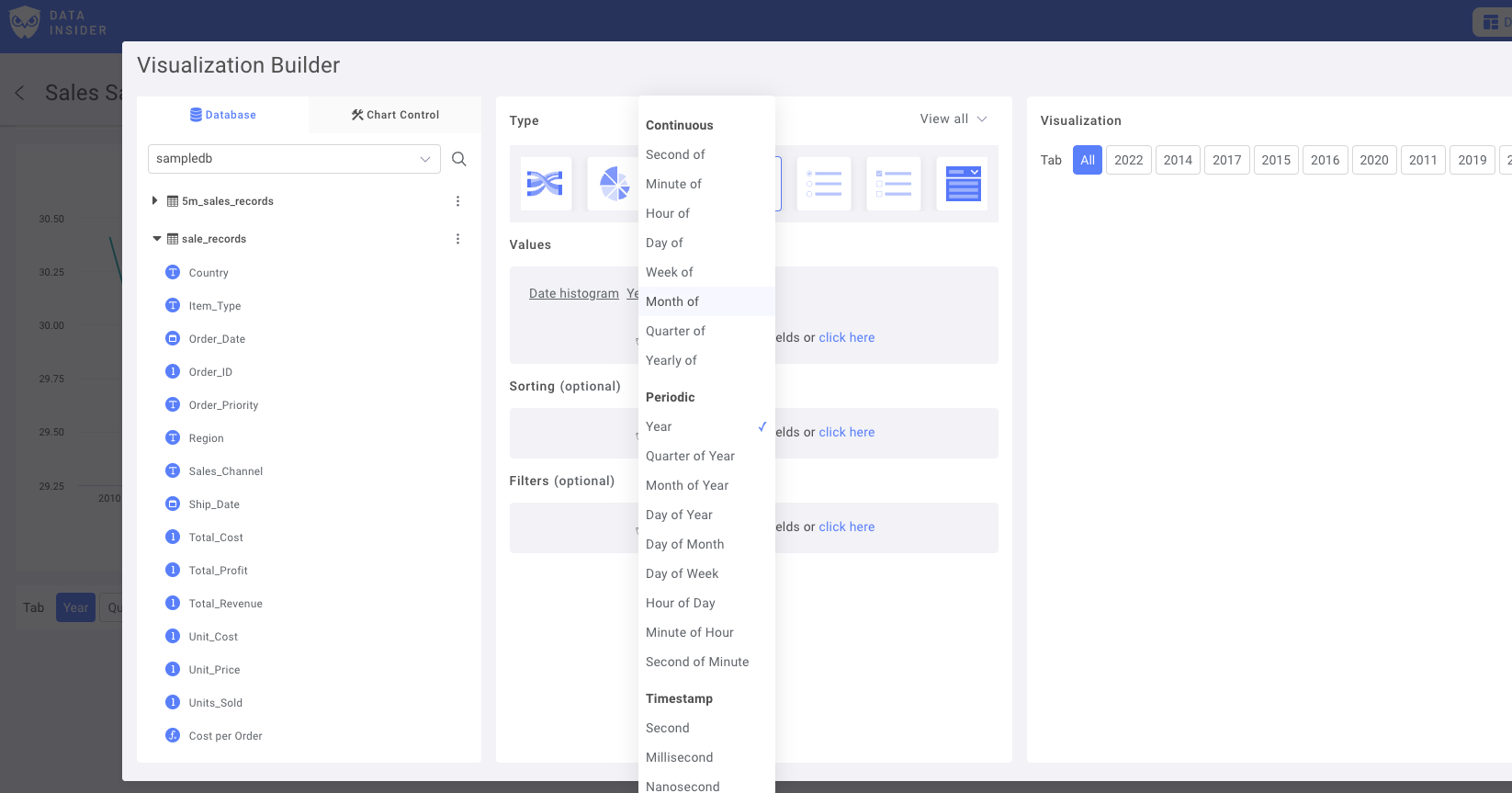 Конфигурация диапазона дат с различными вариантами периодов, такими как год, месяц и ден�ь